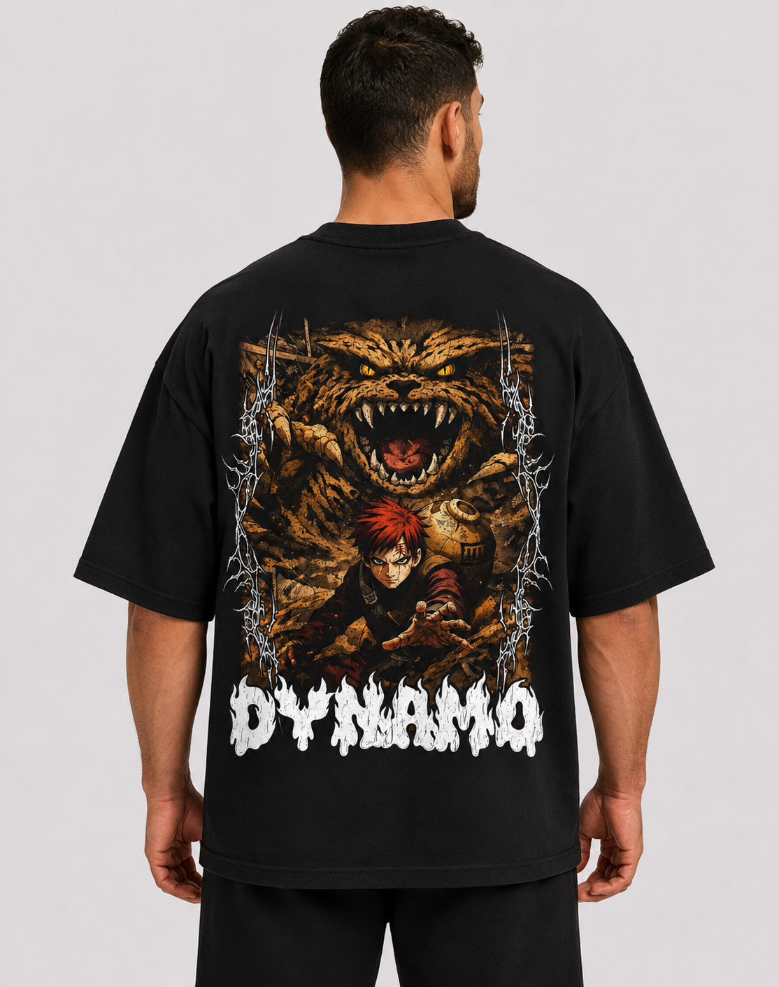 Oversized Tee Sand Demon back view on model