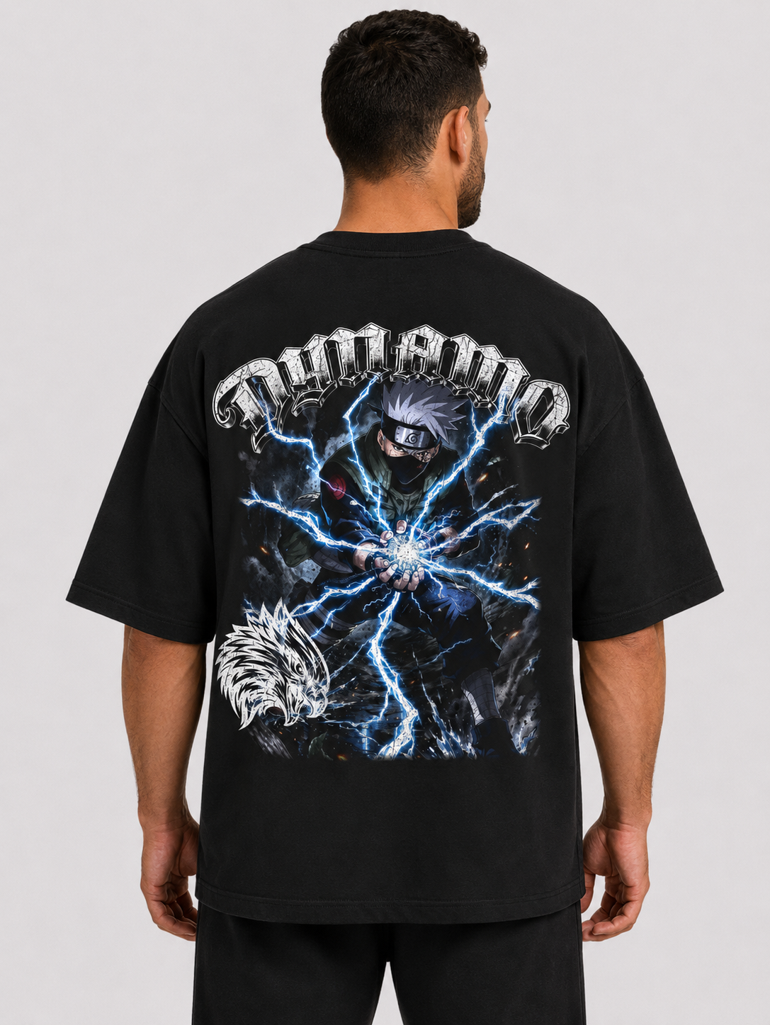 Oversized Tee Lightning Copy Ninja back view on model