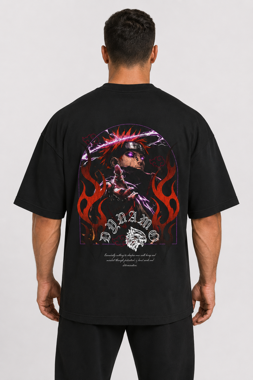 Six Paths Reign oversized tee back artwork on model