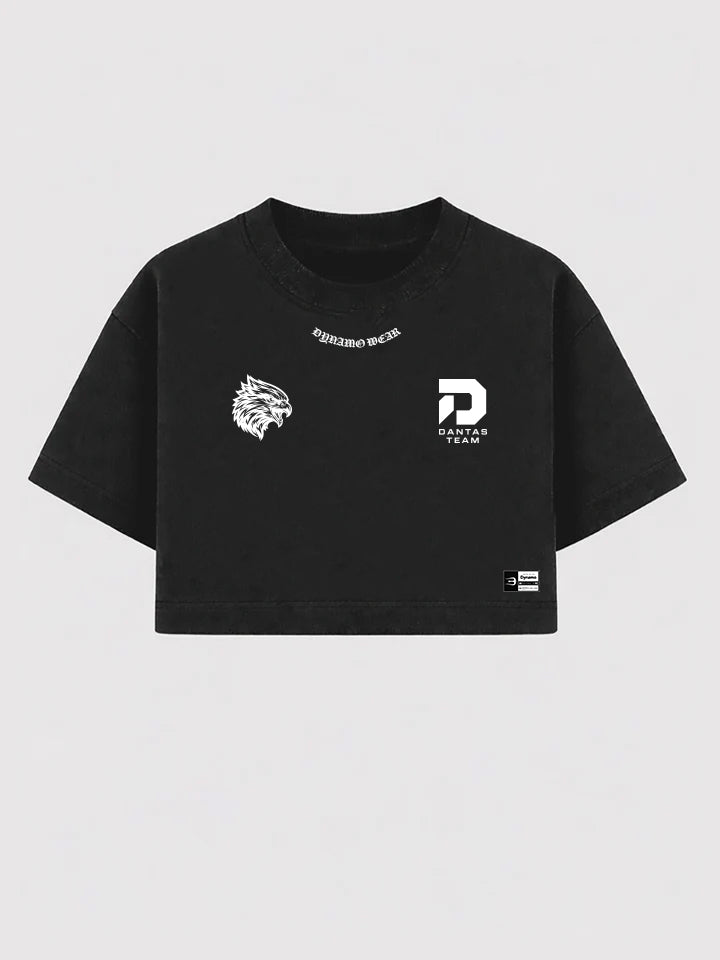 Front of Women’s Cropped Tee – Team Dantas Black with Dynamo eagle and Dantas Team graphics