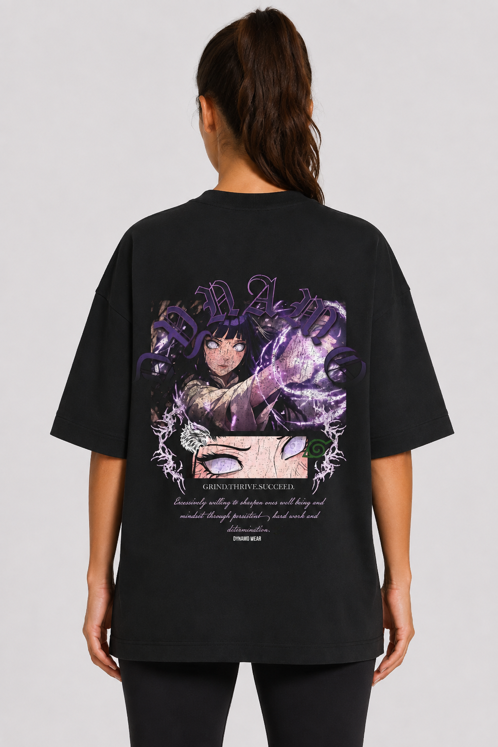 Violet Resolve women's oversized tee back artwork on model