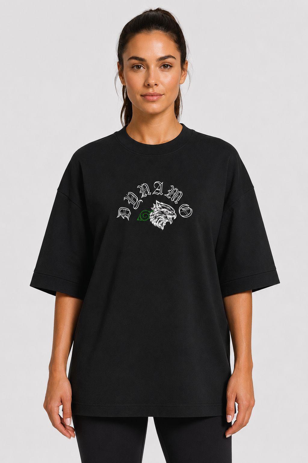Violet Resolve women's oversized tee front view on model